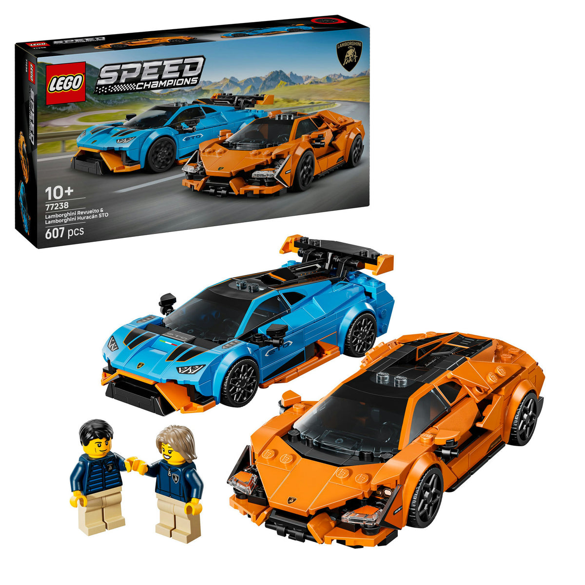 Two LEGO cars and figurines with packaging displayed on white background 