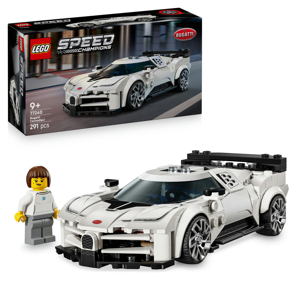 White LEGO car and figurine with packaging on a white background 