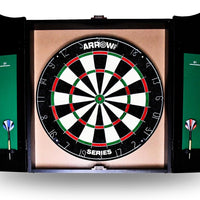 Arrow180 bristle dartboard in black cabinet with steel darts