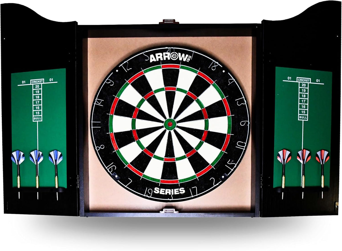Arrow180 bristle dartboard in black cabinet with steel darts
