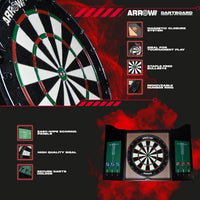 Arrow180 bristle dartboard in black cabinet with steel darts – view 3