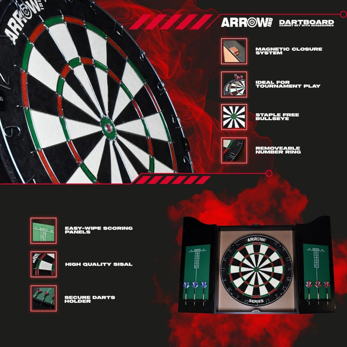 Arrow180 bristle dartboard in black cabinet with steel darts – view 3