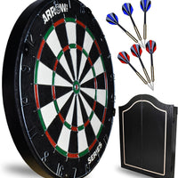 Arrow180 bristle dartboard in black cabinet with steel darts – view 2