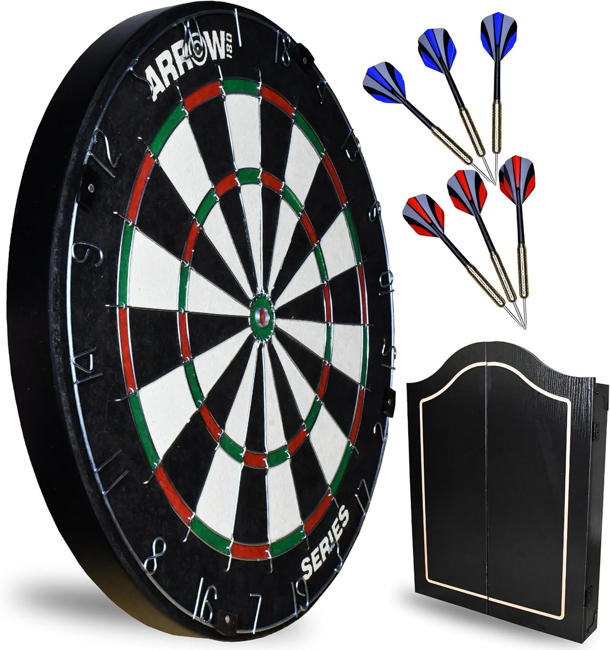 Arrow180 bristle dartboard in black cabinet with steel darts – view 2