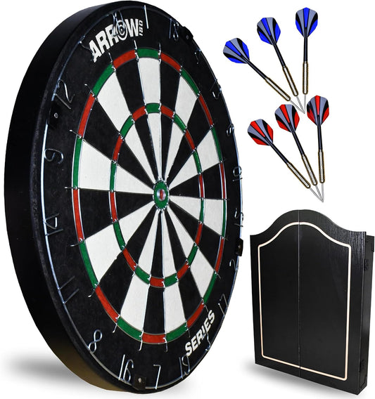 Arrow180 bristle dartboard in black cabinet with steel darts – view 2