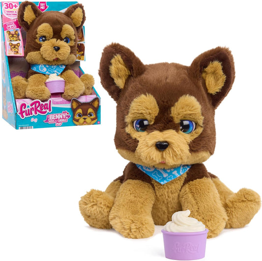 FurReal Benny the Kiss and Cuddle Pup interactive brown plush puppy with treat cup