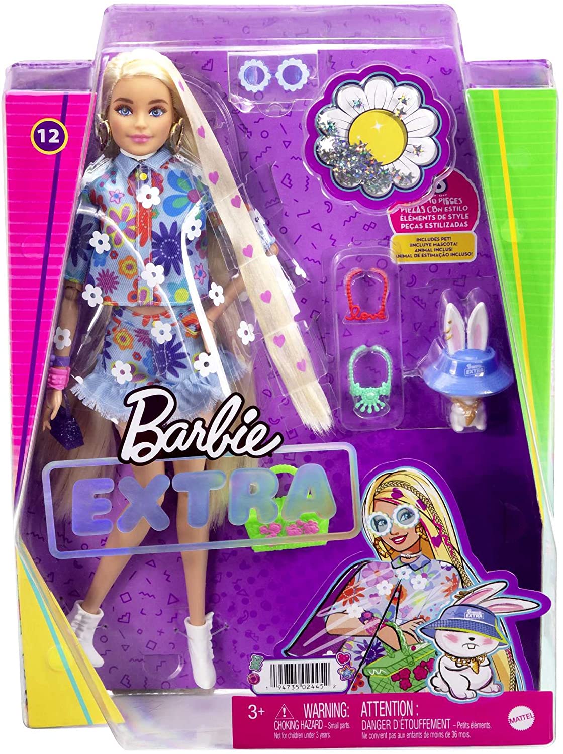 Barbie Extra Doll #12 in Floral 2-Piece Outfit with Pet Bunny