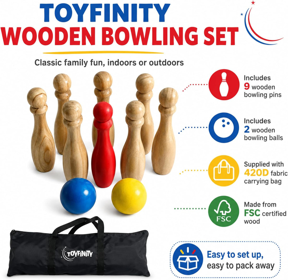 Toyfinity wooden bowling set with nine pins and two balls – view 4