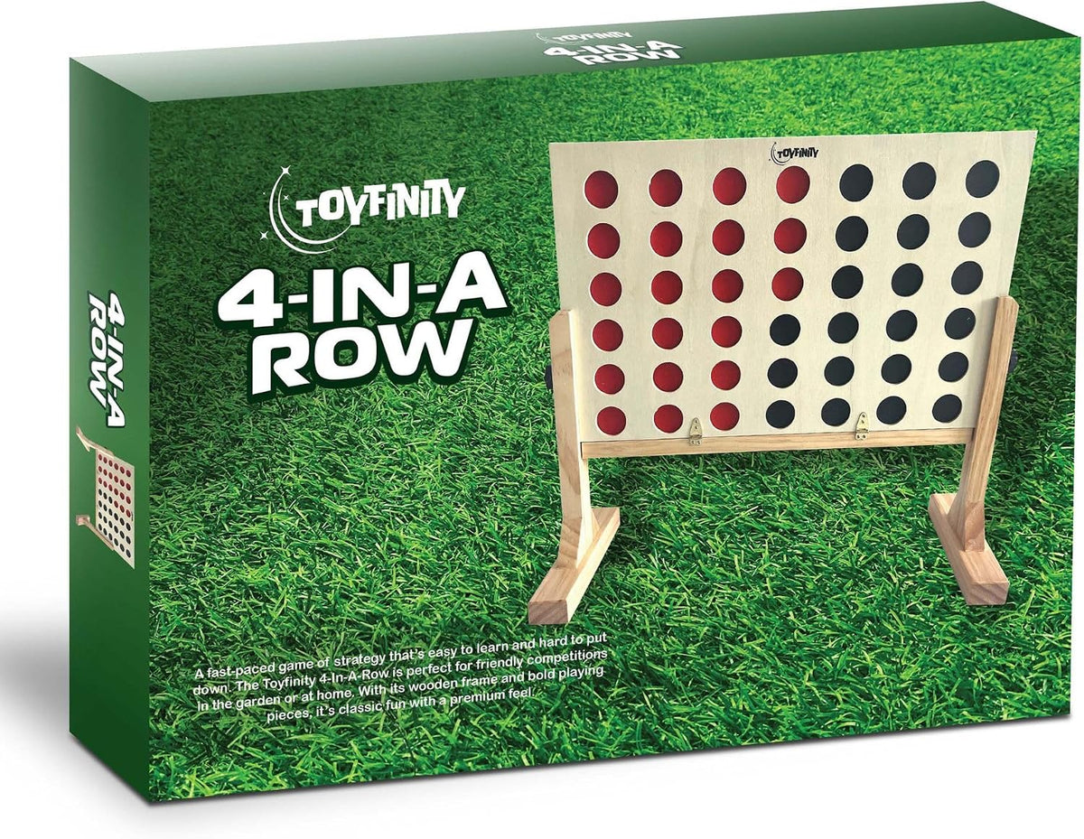 Toyfinity wooden 4 in a Row game with red and black counters
