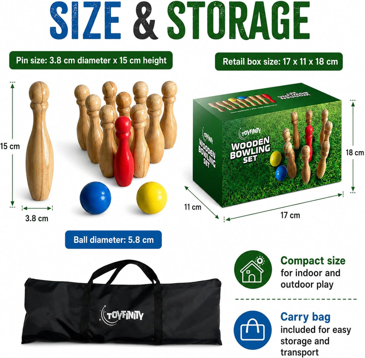 Toyfinity wooden bowling set with nine pins and two balls – view 3