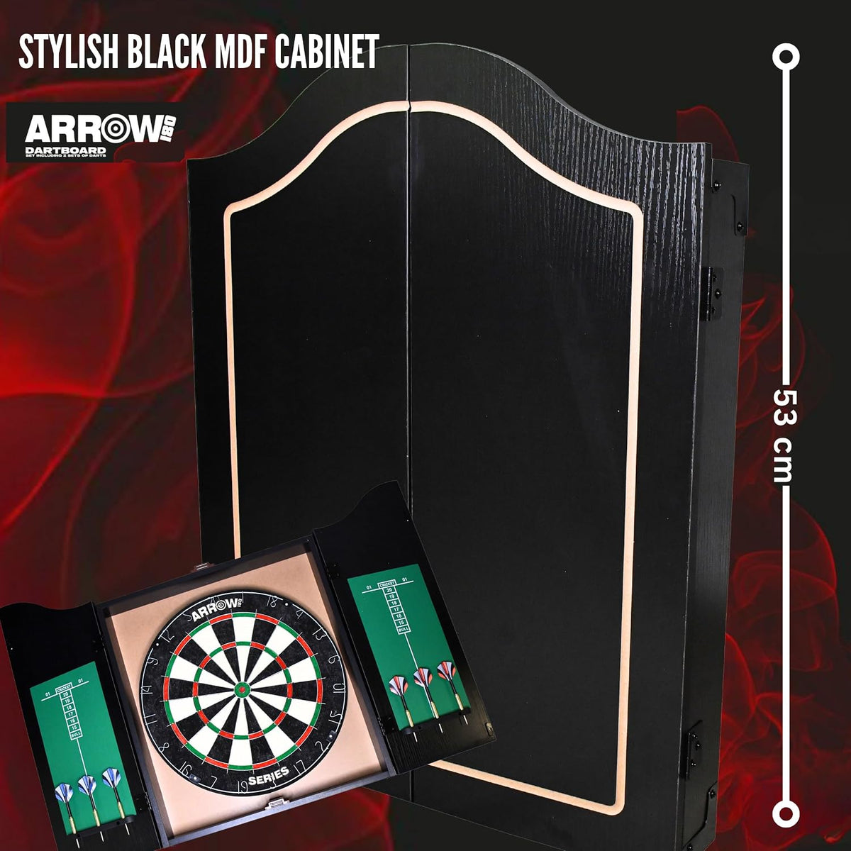 Arrow180 bristle dartboard in black cabinet with steel darts – view 5