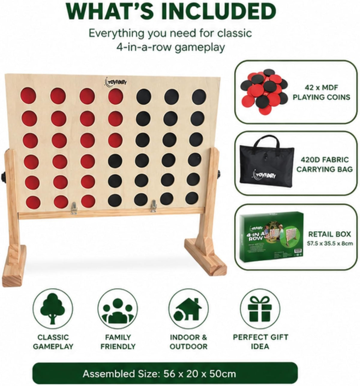 Toyfinity wooden 4 in a Row game with red and black counters – view 3