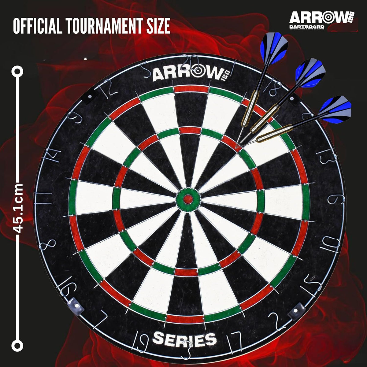 Arrow180 bristle dartboard in black cabinet with steel darts – view 6