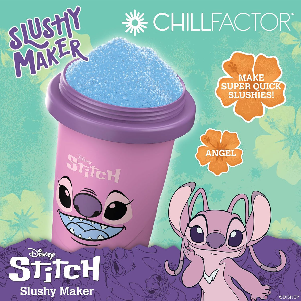 ChillFactor Disney Stitch Angel Slushy Maker Pink – parts: lid, coloured water bag, cup and reusable straw