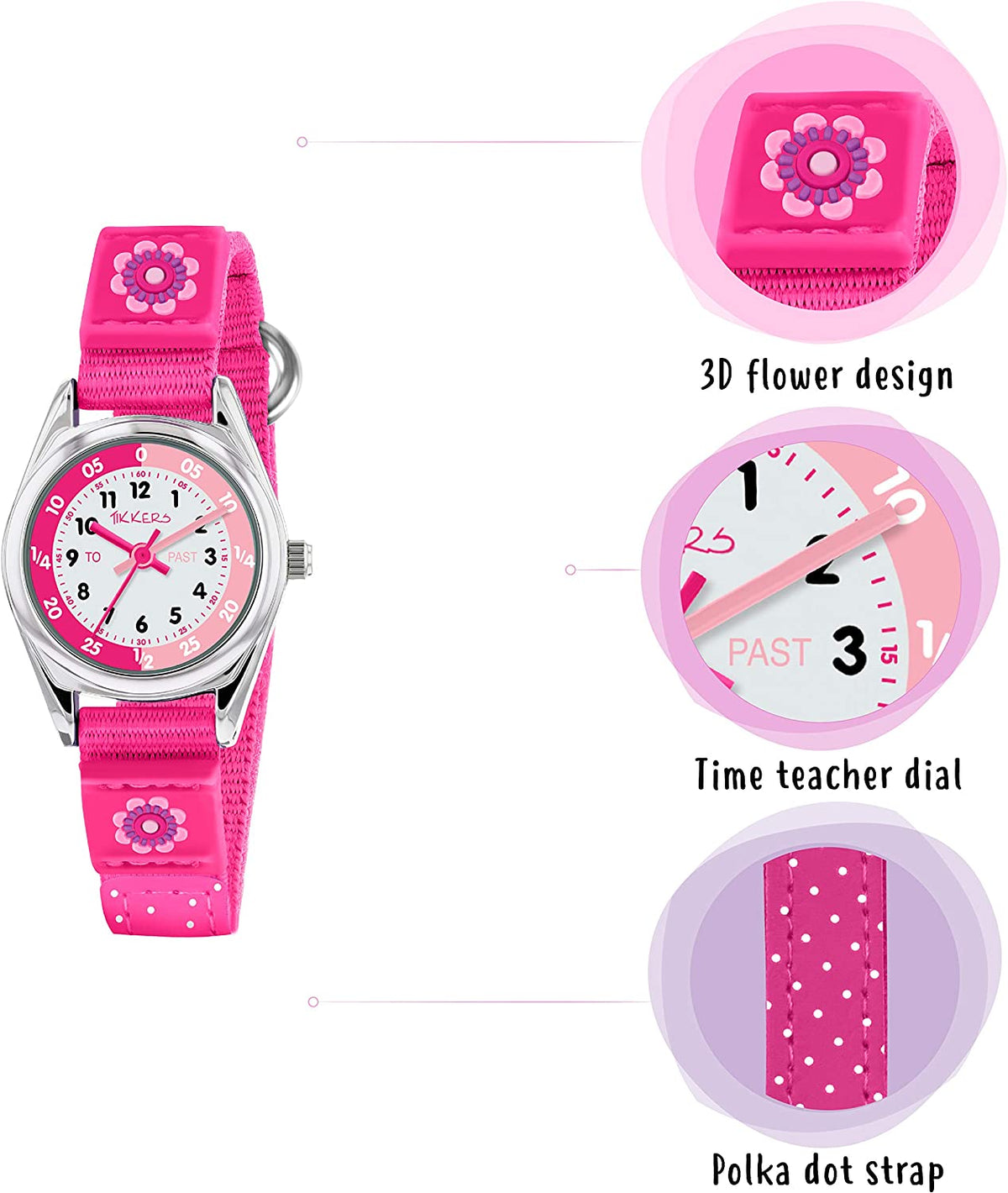 Tikkers Silver Case Time Teacher Dial PK Flower Velcro Strap