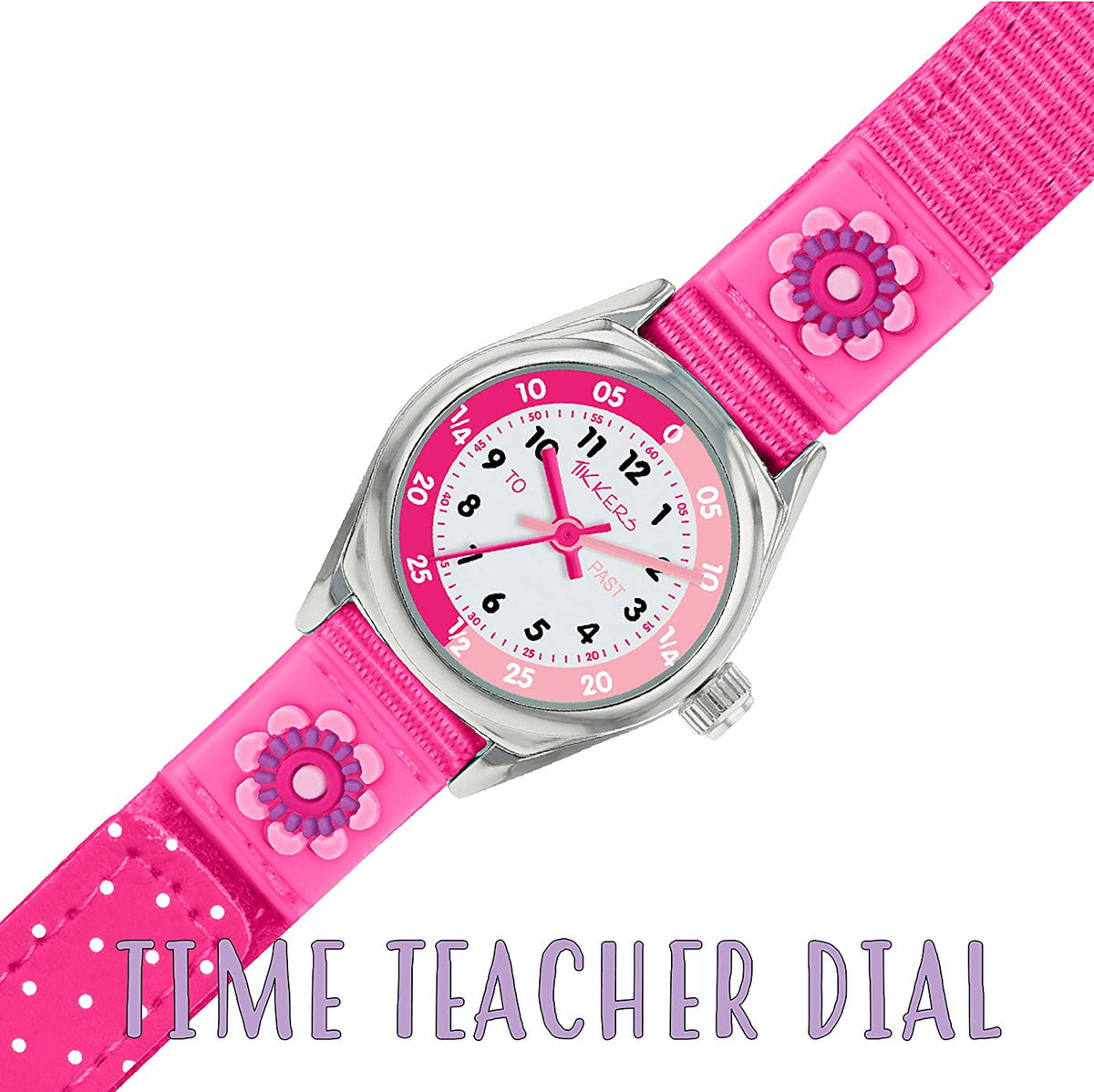 Tikkers Silver Case Time Teacher Dial PK Flower Velcro Strap