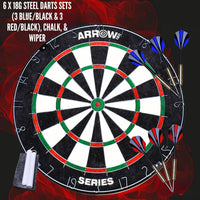 Arrow180 bristle dartboard in black cabinet with steel darts – view 4