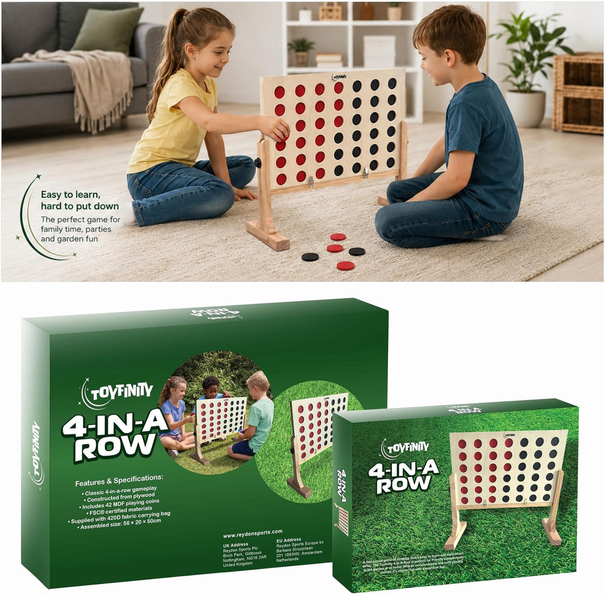 Toyfinity wooden 4 in a Row game with red and black counters – view 4