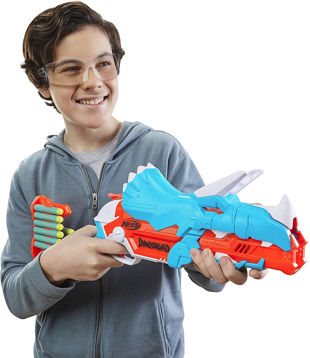 F0803 Nerf DinoSquad Tricera-blast Blaster, Break-Open 3-Dart Loading, 12 Nerf Darts