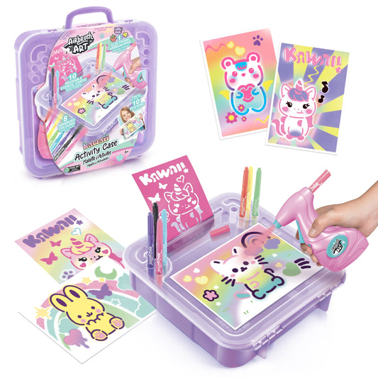 Airbrush Art Kawaii Activity Case with airbrush tool, markers and kawaii stencil artwork