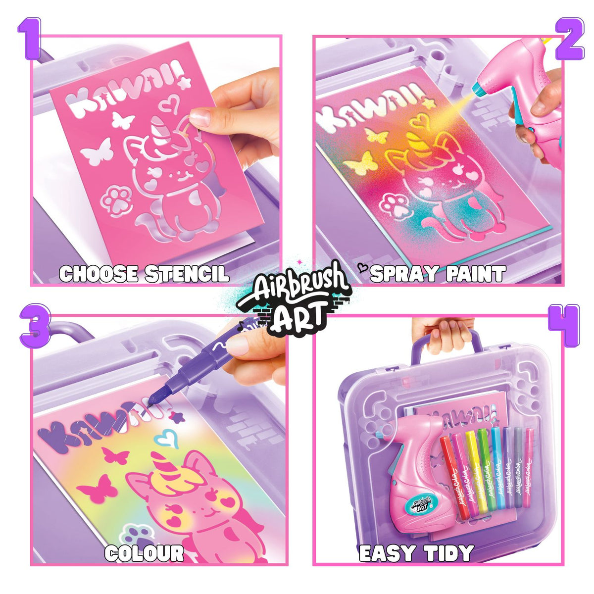Airbrush Art Kawaii Activity Case with airbrush tool, markers and kawaii stencil artwork – view 3