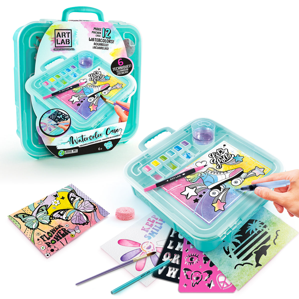 Art Lab Watercolour Case with paints, brush, watercolour sheets and stencils