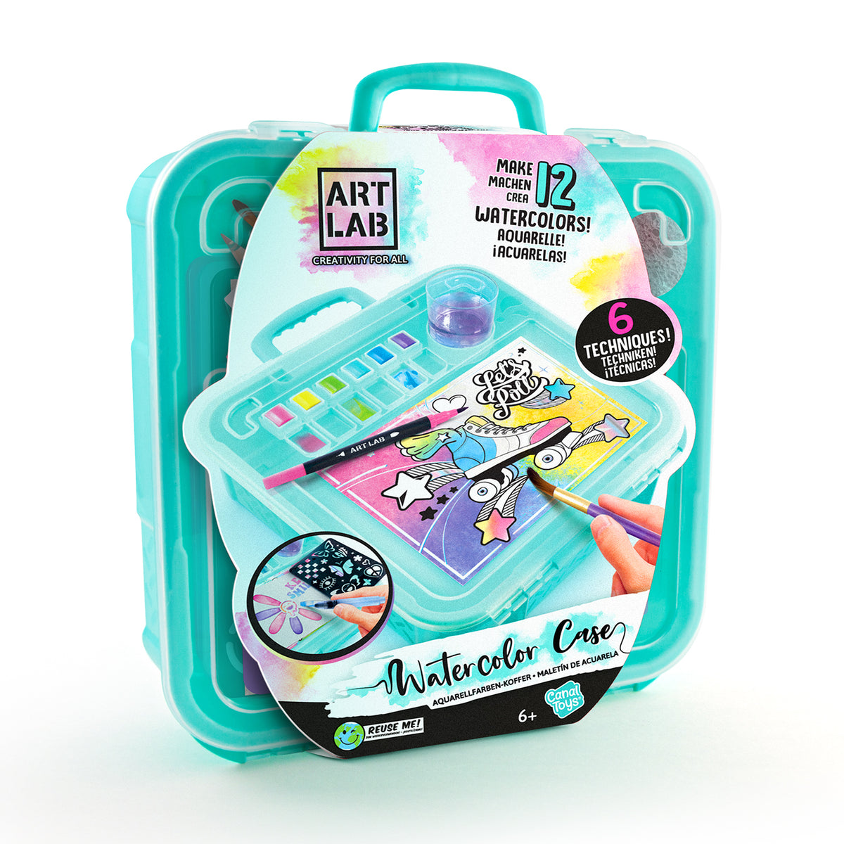 Art Lab Watercolour Case with paints, brush, watercolour sheets and stencils – view 2