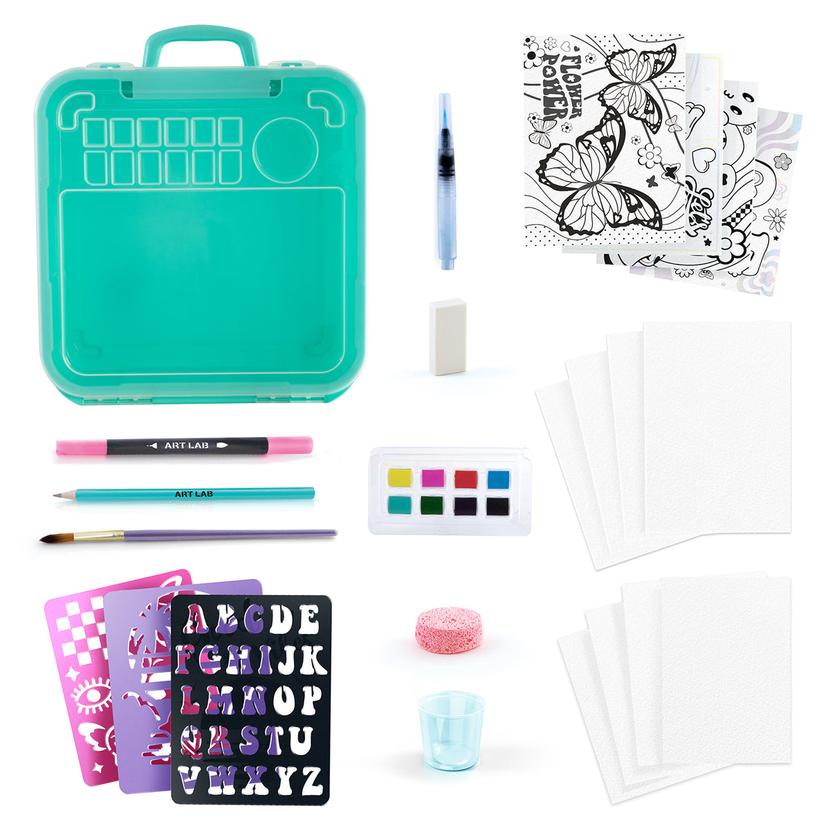 Art Lab Watercolour Case with paints, brush, watercolour sheets and stencils – view 5