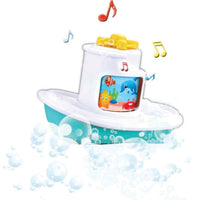 BB Junior Splash 'n Play Musical Tugboat floating bath toy with musical feature, spinning underwater scene and floating design for bath time play.