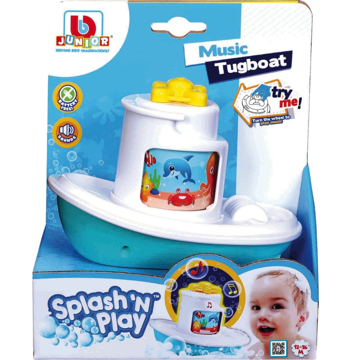 BB Junior Splash 'n Play Musical Tugboat in retail packaging with floating bath toy, musical feature and battery-free design.