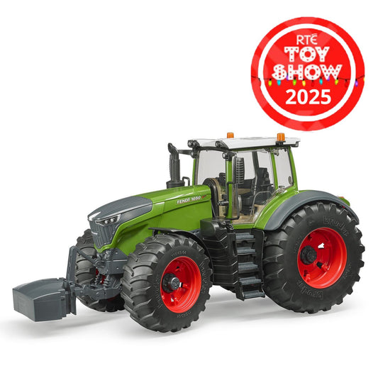 Toy tractor with red wheels on a white background, featuring the RTE Toy Show 2025 logo.