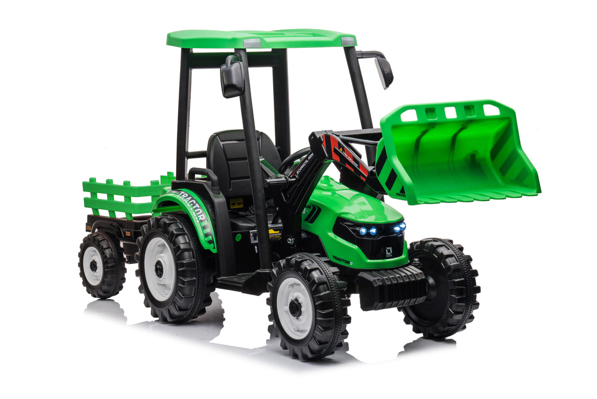 12V Kids Ride On Tractor With Roof, Trailer And Front Loader