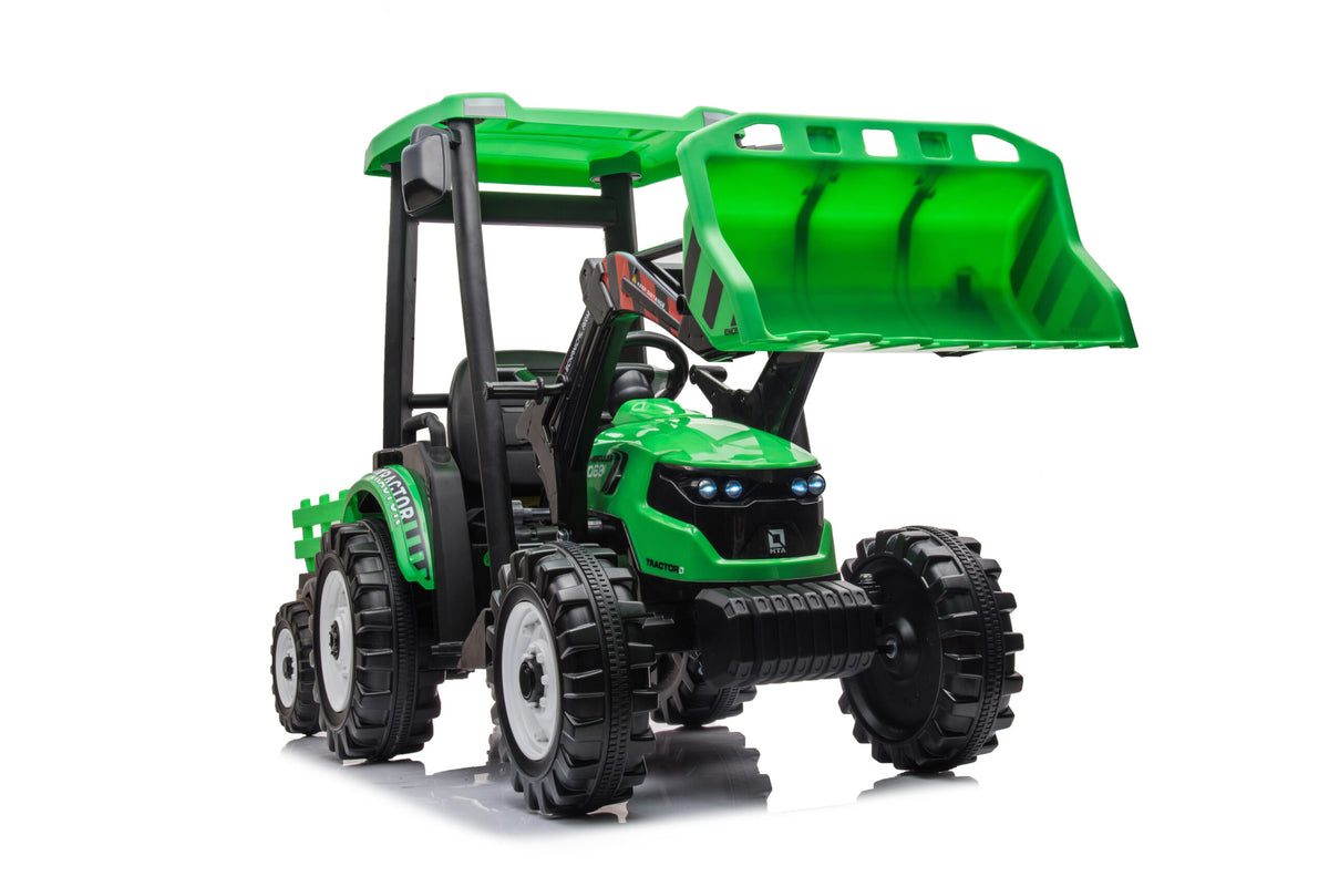 12V Kids Ride On Tractor With Roof, Trailer And Front Loader