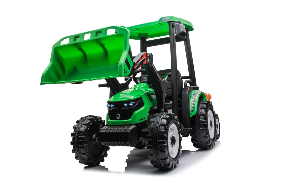 12V Kids Ride On Tractor With Roof, Trailer And Front Loader