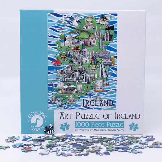 Gosling Games Art Puzzle of Ireland 1000 piece jigsaw puzzle with illustrated Irish landmarks – detail 1