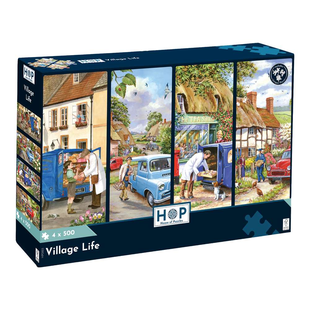 House of Puzzles Village Life 4 x 500 Piece Jigsaw Puzzle box front