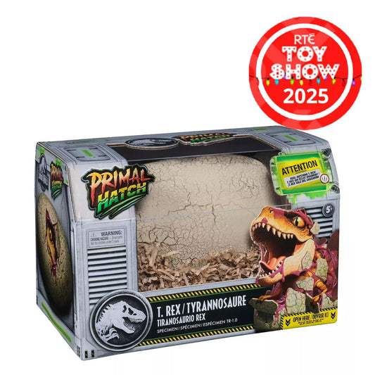 Primal Hatch T. Rex toy packaging with RTE Toy Show 2025 logo.
