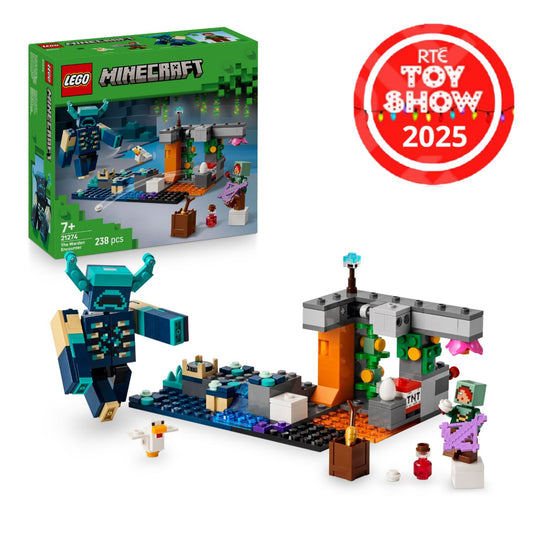 LEGO Minecraft set with packaging and characters, featuring the RTE Toy Show 2025 logo.