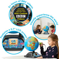 Interactive talking globe with BBC videos, featuring a young girl using it.
