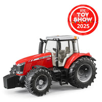 Red toy tractor with 'RTE Toy Show 2025' logo on a white background