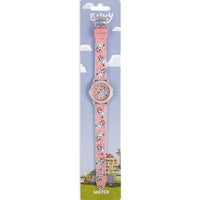 Bluey Watch displayed in official Bluey retail packaging, featuring an analogue learning dial, pink numbered bezel, printed Bluey silicone strap, adjustable buckle fastening and colourful branded backing card.