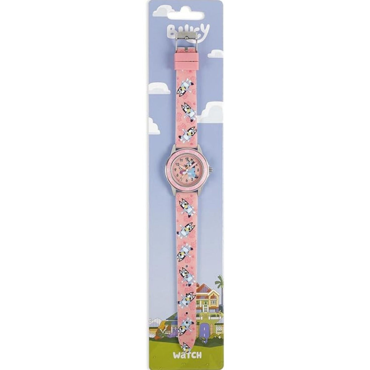 Bluey Watch displayed in official Bluey retail packaging, featuring an analogue learning dial, pink numbered bezel, printed Bluey silicone strap, adjustable buckle fastening and colourful branded backing card.
