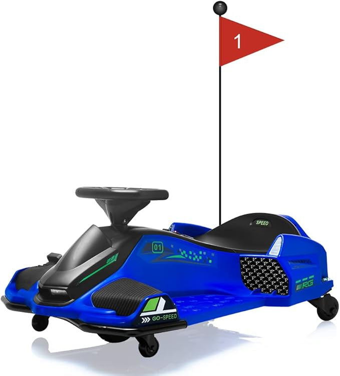 Funstuff Drift Rider 360 24V blue electric drift go kart with flag