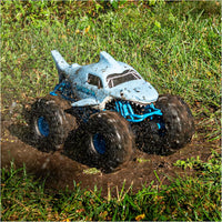 Toy monster truck with shark body on grass