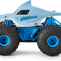 Toy monster truck with shark design on a white background