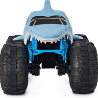 Toy car with shark design on a white background
