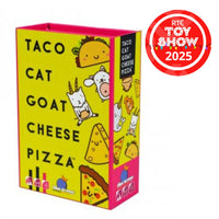 Taco Cat Goat Cheese Pizza toy box with colorful design and RTE Toy Show 2025 badge.