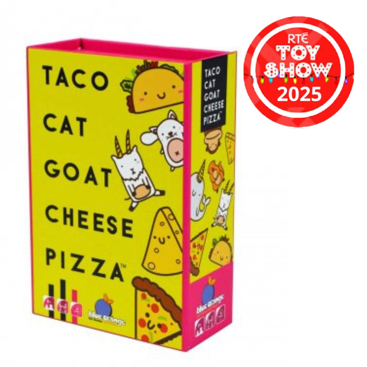 Taco Cat Goat Cheese Pizza toy box with colorful design and RTE Toy Show 2025 badge.