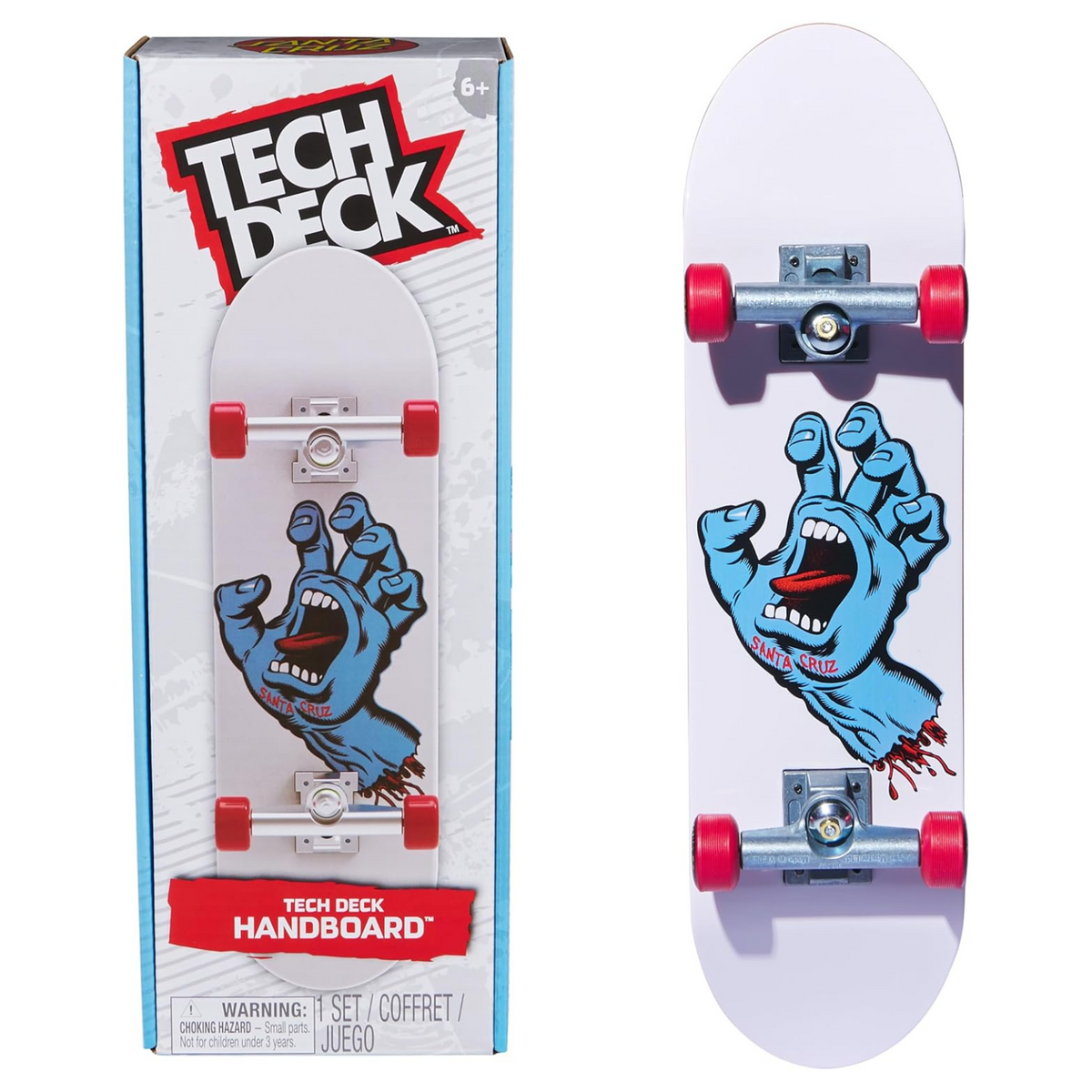 Tech Deck handboard with blue hand design on a white background