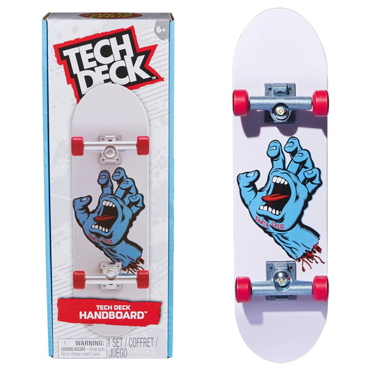 Tech Deck handboard with blue hand design on a white background